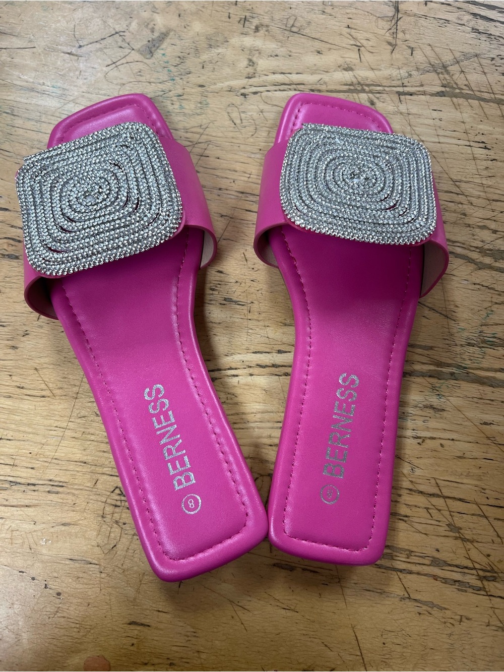 BERNESS Hot Pink Crystal Square-Embellished Slide Sandals